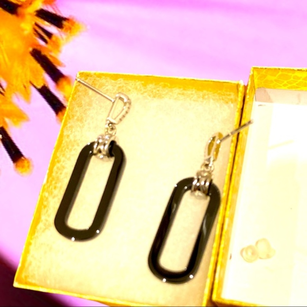 Black Cz Rectangular Link Drop Post Earrings With… - image 2